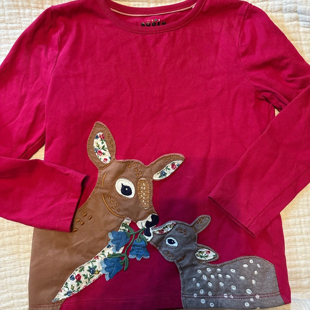 Mini Boden Red Long Sleeve with Deer Appliqué
